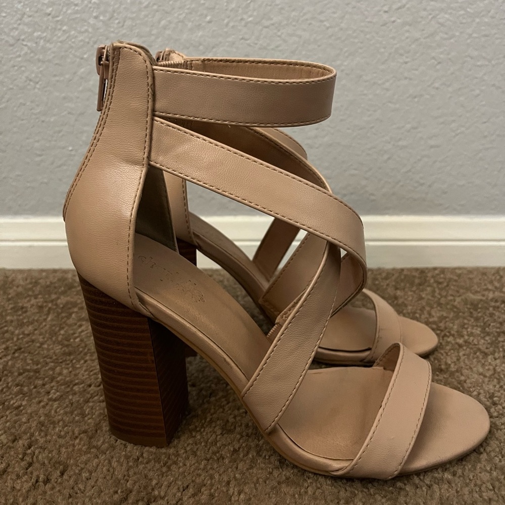 Charlotte Russe Cream Strappy Heels with a Natural Brown Colored Heel